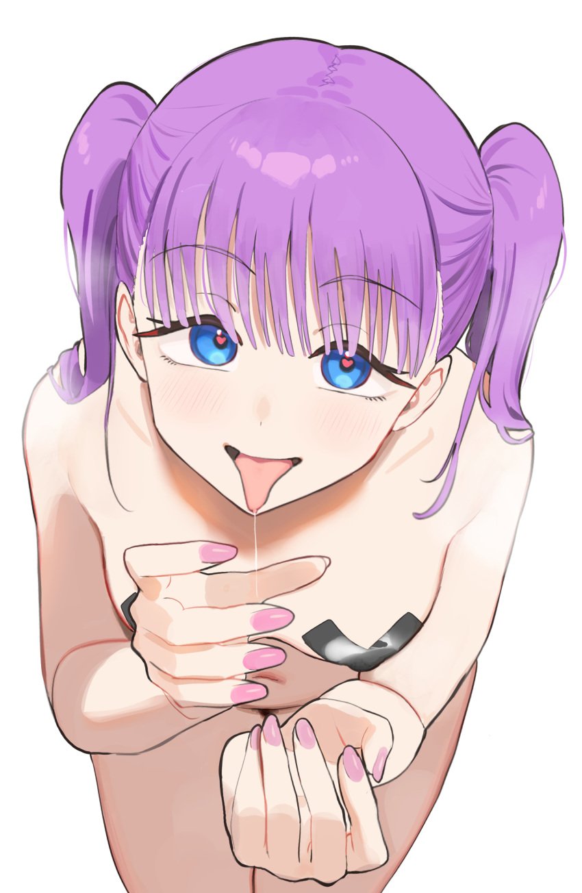 blue_eyes blunt_bangs breasts cross_pasties cupping_hand fellatio_gesture female fingernails heart heart-shaped_pupils highres looking_at_viewer nail_polish naughty_face nude open_mouth original pasties pink_nails purple_hair saliva saliva_trail sexually_suggestive simple_background smile solo symbol-shaped_pupils tongue tongue_out twin_(tt_lsh) twintails white_background