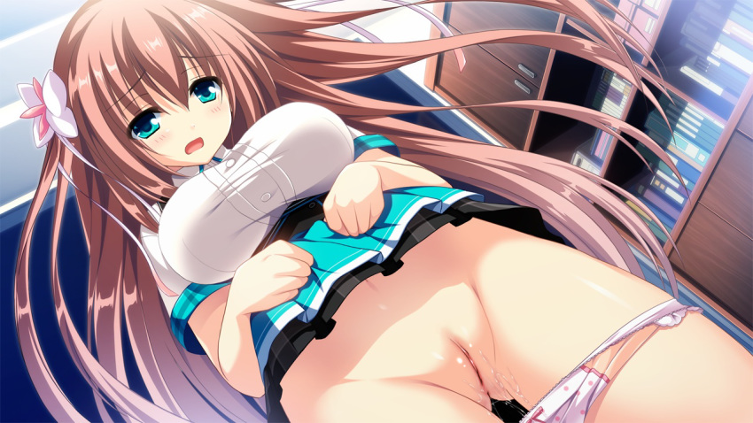 blue_eyes brown_hair cocoro@function! game_cg hasugase_mina hinata_momo long_hair panties pulltop pussy seifuku skirt skirt_lift uncensored underwear wet