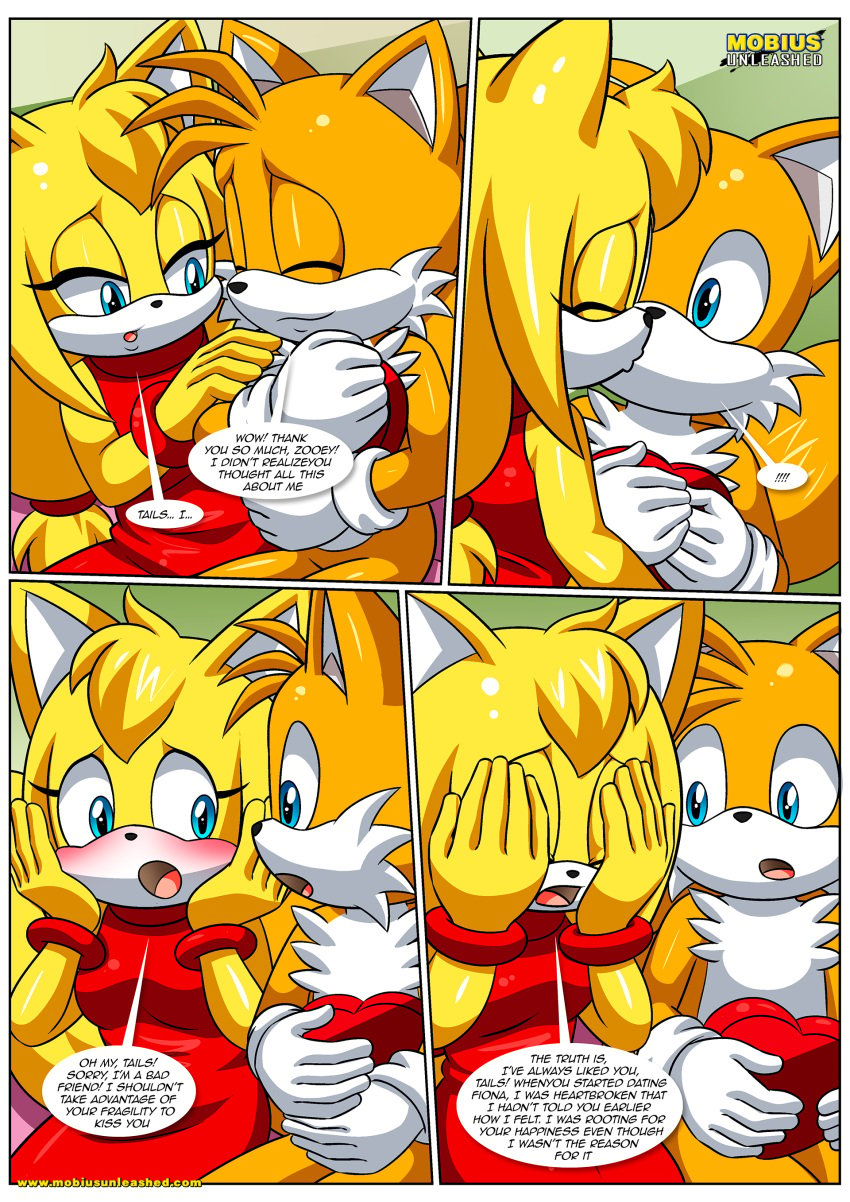 1boy 1girls anthro bbmbbf blush comic dialogue female kissing let_me_love_you_(comic) male male/female miles_prower mobian_(species) mobius_unleashed palcomix sega sonic_(series) sonic_the_hedgehog_(series) tails_the_fox zooey_the_fox