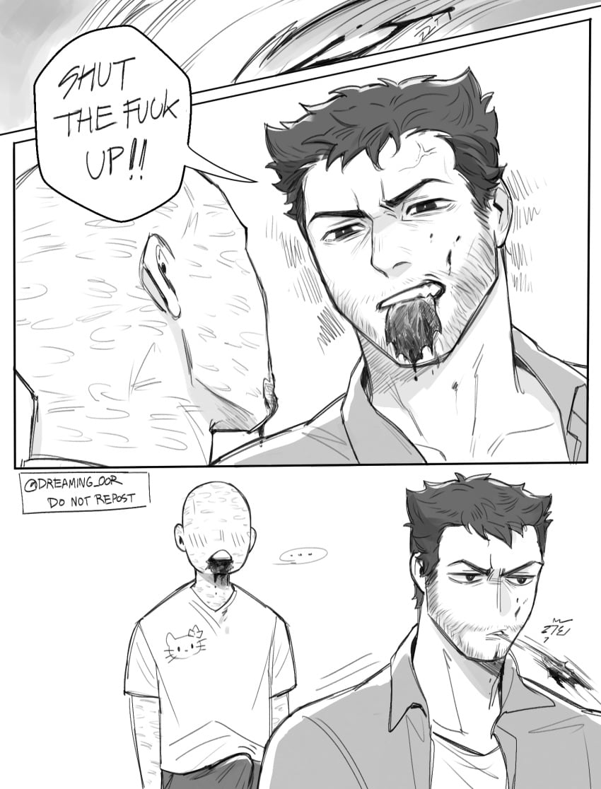 ... 2boys anger_vein bald beard bleeding blood blood_on_face bulge commentary_request deadpool deadpool_&_wolverine deadpool_&_wolverine_(2024) deadpool_(series) dreaming_oor english_text erection erection_under_clothes facial_hair greyscale guro hello_kitty hello_kitty_(series) highres injury lips looking_at_another male_focus marvel marvel_comics monochrome mouth_hold multiple_boys no_lips open_mouth pants sanrio scar severed_limb shirt short_hair short_sleeves speech_bubble spitting spoken_ellipsis teeth torn_skin twitter_username violence wolverine_(x-men) x-men yaoi