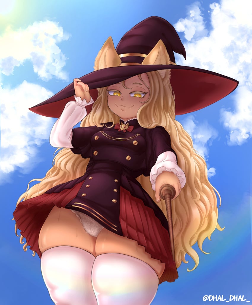 2023 blonde_hair bottom_heavy brat caramel-skinned_female dhaldhal dress dress_lift golden_eyes long_hair monster_girl oc original_character panty_peek puffy_sleeves short_dress smug thick_thighs thighhighs wand white_panties wizard_hat wolf_ears wolf_girl