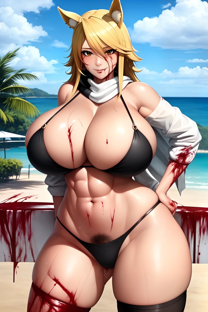 abs ai_generated akame_ga_kill! animal_ears big_breasts black_bra black_panties blood cleavage iiivviiiii injury leone_(akame_ga_kill!) lion_tail navel six_pack stockings thick_thighs thighhighs thighs toned yellow_hair