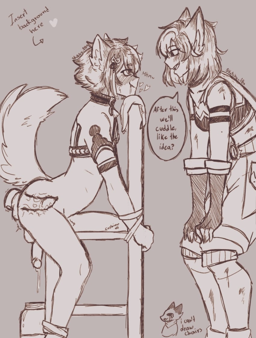 1boy 1girls canine cum_drip dog_ears dog_tail dominant_female domination dominatrix female femdom fox fox_ears genshin_impact gorou_(genshin_impact) limited_palette male milking sketch sketchy_f0x submissive_male tied_up vibrator x-ray