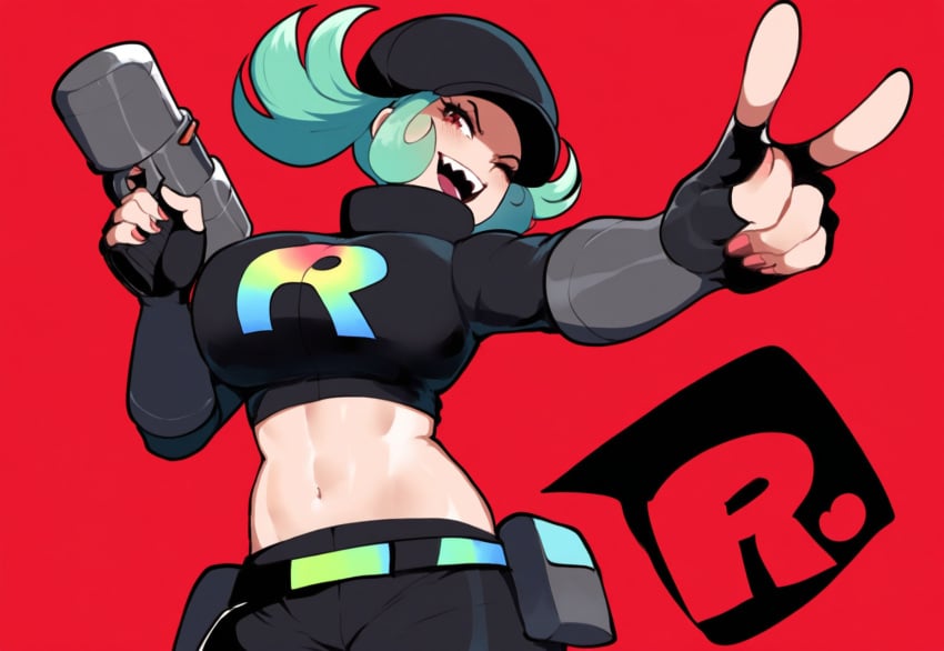 ai_generated female gun large_breasts mullon novelai peace_sign pokemon pokemon_sm sharp_teeth skirt team_rainbow_rocket team_rainbow_rocket_grunt_(female) team_rocket