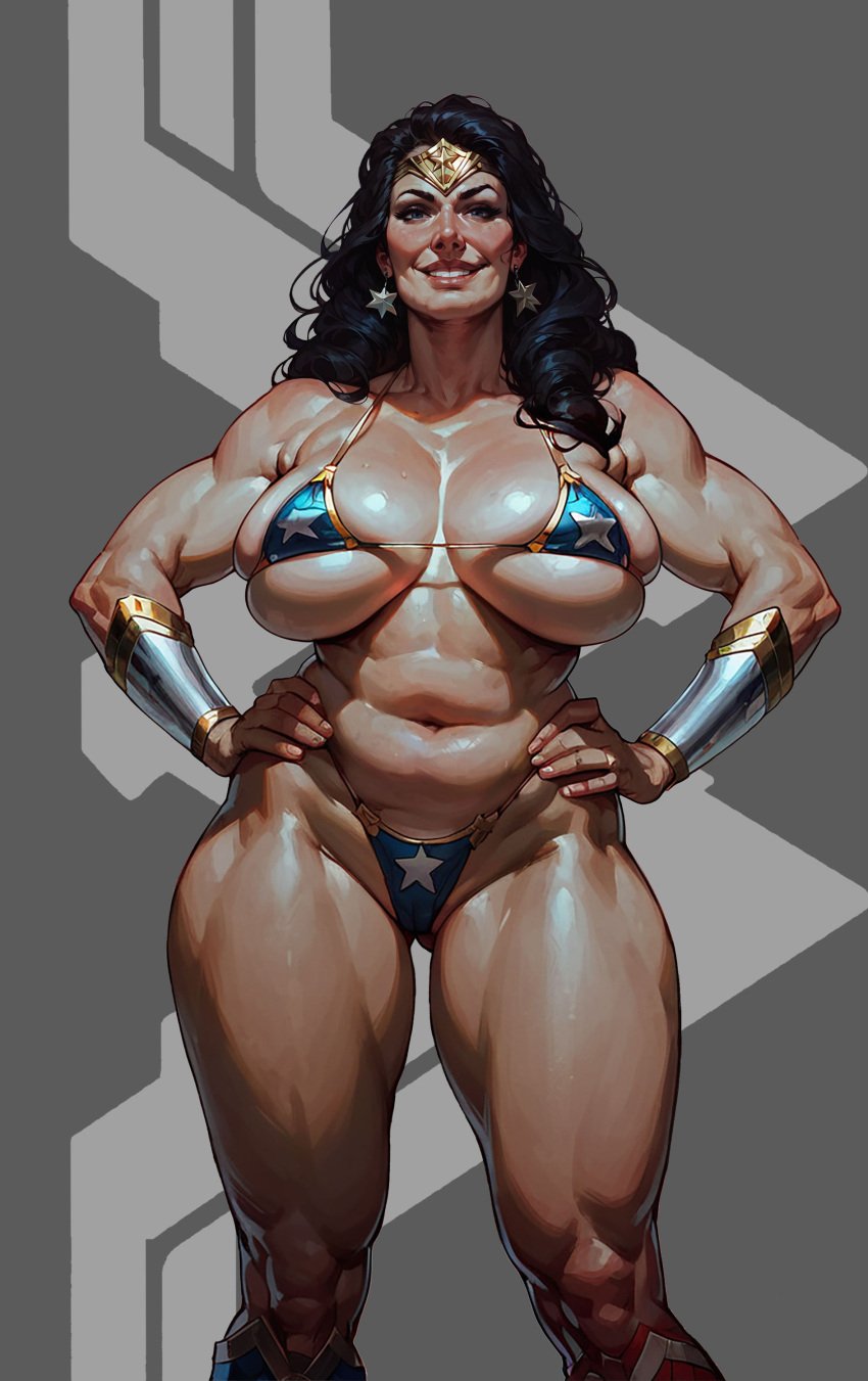 1girls ai_generated amandovakin big_breasts bikini curvy dc dc_comics facing_viewer hands_on_hips huge_breasts looking_at_viewer micro_bikini milf muscular muscular_female plump solo superheroine thick_thighs wonder_woman