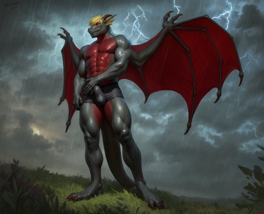 abs aduran anthro biceps biped black_body boxer_briefs bulge claws clothing detailed_bulge dragon electricity genital_outline grass hair hi_res horn lightning male membrane_(anatomy) membranous_wings multicolored_body muscular muscular_anthro muscular_male mythological_creature mythological_scalie mythology outside penis_outline plant scalie solo standing tail thunderstorm toe_claws two_tone_body underwear wings