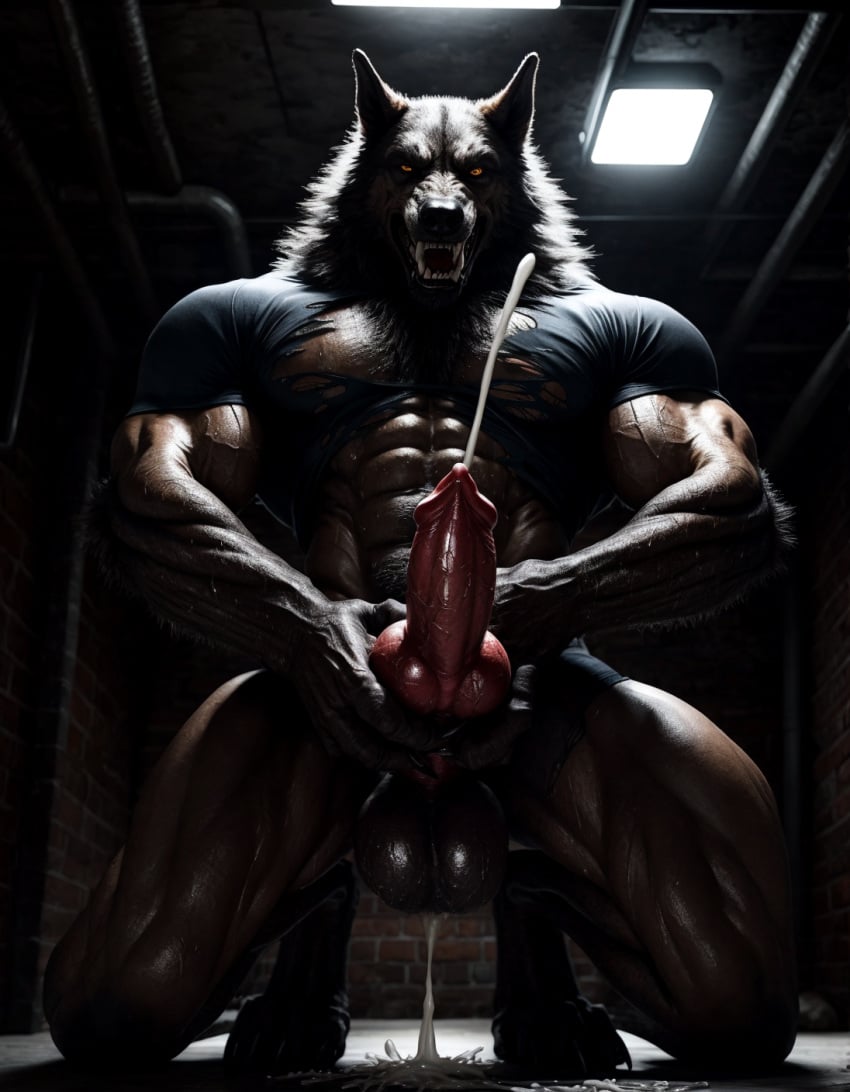 ai_generated canine cum cumming cumshot grabbing_knot jerk_off knot looking_at_viewer male masturbation muscular_male realistic ripped_clothing snarling solo squeezing_knot torn_clothes werewolf wolf