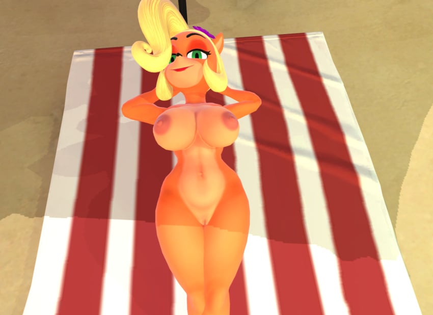 3d 3d_(artwork) beach big_breasts boobs_out coco_bandicoot crash_(series) exhibitionism furry furry_female pussy