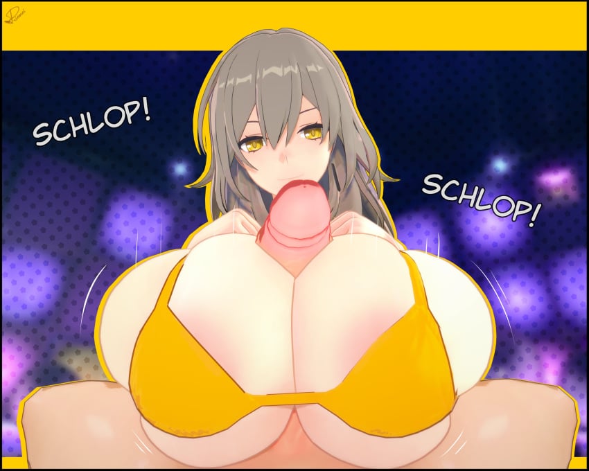 1boy 1girls 3d alternate_breast_size between_breasts big_breasts bra breasts breasts_bigger_than_head brown_hair bursting_breasts busty cleavage english_text female gigantic_breasts honkai:_star_rail honkai_(series) huge_breasts hyper_breasts male male_pov paizuri paizuri_on_lap penis pov prinmei smile sound_effects stelle_(honkai:_star_rail) straight titjob tongue tongue_out yellow_bra