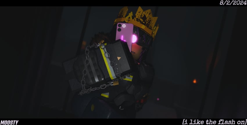 1girls 3d armor armored armored_female belt black_hair blood blush clothed crown dated decaying_winter female_focus firefighter firefighter_uniform gloves highlighted_hair highlights inside iphone jeans letterbox looking_at_viewer made_using_roblox moosty night phone posed posing purple_highlights roblox roblox_game robloxian self_upload selfie selfie_pose shotgun_shell shoulder_armor sledge_queen smiling suggestive suggestive_look taking_picture vest watermark white_skin