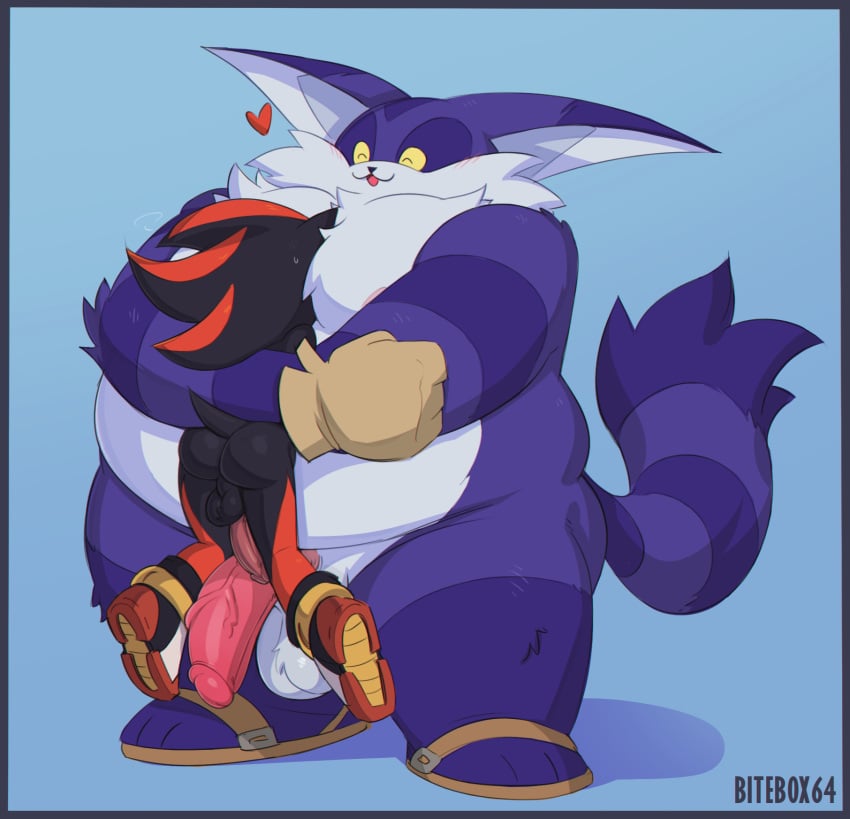 2025 anthro ass balls bear_hug belly big_the_cat bitebox64 black_body black_fur blush clothing domestic_cat duo erection eulipotyphlan face_on_chest felid feline felis flaccid fluffy fluffy_chest footwear fupa fur genitals gloves handwear hedgehog hi_res hug male male/male mammal nipples overweight pecs penis purple_body purple_fur sandals sega shadow_the_hedgehog shoes size_difference smile sonic_(series) sonic_the_hedgehog_(series) vein veiny_penis