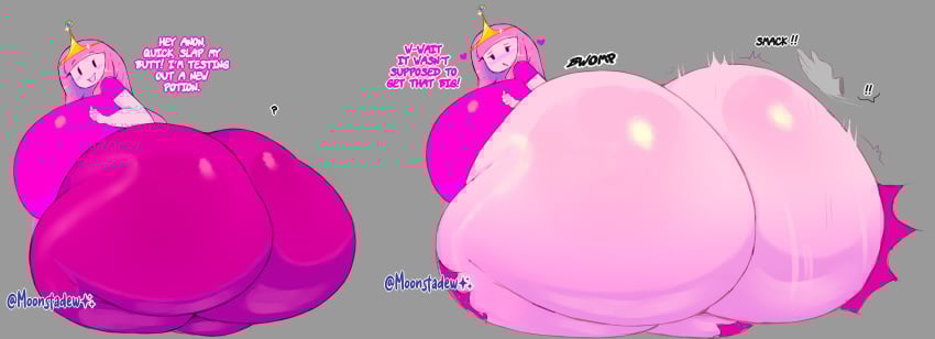 adventure_time artist_name ass ass_bigger_than_breasts ass_bigger_than_head ass_bigger_than_torso ass_expansion ass_focus back_view big_breasts blush breasts breasts_bigger_than_head bubble_butt crown dialogue dialogue_bubble expansion expansion_sequence gray_background heart hearts_around_head huge_ass huge_breasts hyper hyper_ass long_hair looking_at_viewer massive_ass moonraige open_mouth pink_hair pink_skin princess princess_bubblegum ripped_clothing shiny_ass shiny_skin simple_background slapping_butt smile smiling smiling_at_viewer spanking talking_to_viewer tight_clothing