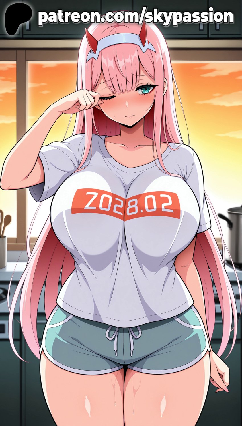 1girls 2025 ai_assisted ai_generated anime aqua_eyes artist_name big_breasts big_chest blush breasts bust busty chest clothed_female clothes_writing cloud darling_in_the_franxx dusk english_text evening eyebrows_visible_through_hair female female_focus female_only hairband hi_res high_quality high_resolution highres horns large_breasts long_hair one_eye_closed orange_sky patreon patreon_username pink_hair red_horns rubbing_eyes shorts sky skypassion solo stable_diffusion sunset t-shirt thick_thighs thighs watermark white_hairband wide_hips zero_two_(darling_in_the_franxx)