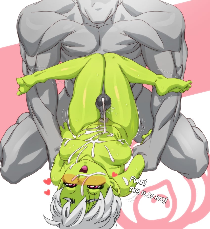 1boy absurdres breasts cheelai colored_skin completely_nude cum cum_on_body cum_on_breasts cum_on_stomach dragon_ball dragon_ball_super dragon_ball_super_broly facial female female_pubic_hair full_body green_skin grey_skin head_back highres holding_another's_wrist large_breasts legs_up lying male mlix nipples nude on_back open_mouth pink_background pubic_hair purple_eyes rolling_eyes short_hair solo_focus thigh_sex trembling white_background white_hair