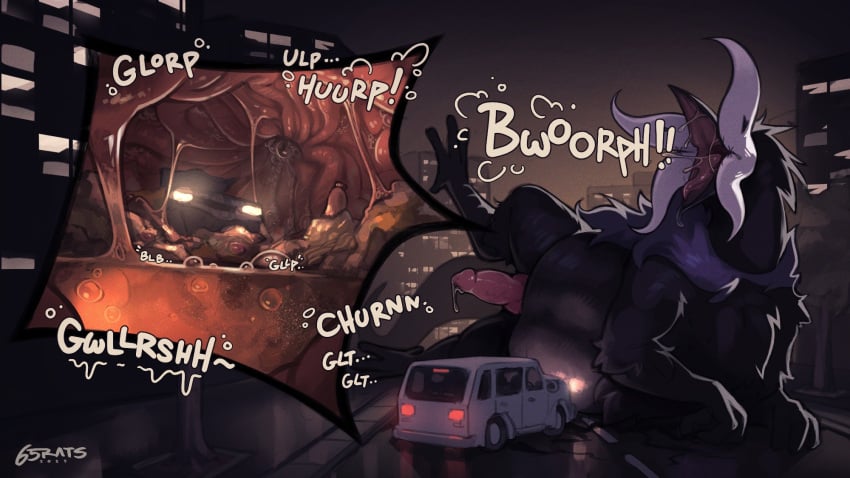 anthro big_penis burping car city digestion genitals hi_res male monster oral_vore penis size_difference solo st4rs6 vehicle vore