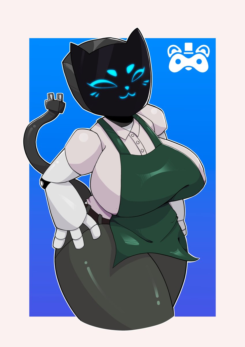 1girls 2d :3 anthro apron apron_only blue_nipples breasts carrefour cat_ears cat_tail closed_eyes cute female female_only humanoid kerfur kerfuś kerfuś_female mr_mapache naked_apron nipple_slip nipples open_mouth ramen robot robot_girl robot_humanoid screen screen_face small_breasts solo