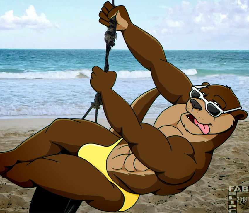 2018 5_fingers abs anthro beach black_nose brown_body brown_fur bulge clothing cloud day digital_media_(artwork) fabfelipe fingers fur looking_at_viewer looking_over_sunglasses male mammal muscular muscular_anthro muscular_male mustelid open_mouth open_smile otter outside pink_tongue sand sea sky smile solo speedo swimwear swing swinging tail teeth tire_swing tongue tongue_out water wearing_sunglasses whisker_spots yellow_clothing yellow_speedo yellow_swimwear