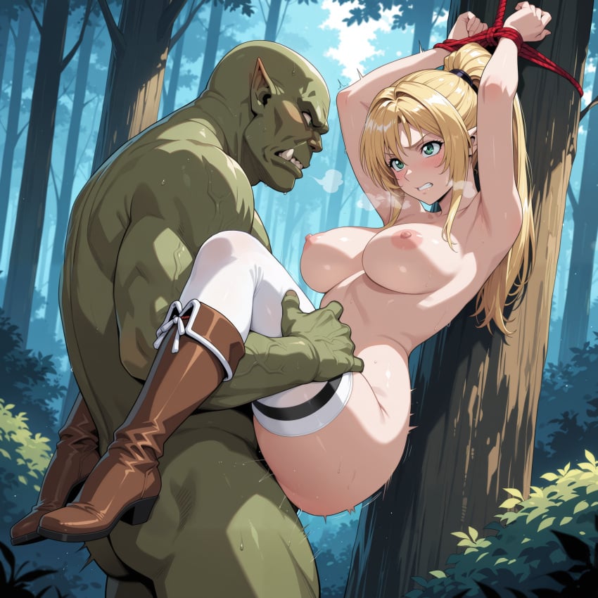1female 1girls 1male 2025 ai_generated angry arms_up blonde_hair blush boots breasts breath clenched_teeth elf elf_ears elf_female female female_penetrated forest frustrated grabbing green_eyes holding holding_legs illustrious_(stable_diffusion) kxy leather_boots looking_at_another naked nipples nude orc original original_character outdoors ponytail rape rope sex spread_legs stockings tied_to_tree tied_up tree upscaled vaginal_penetration white_stockings