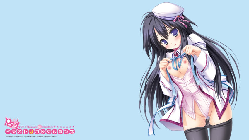 black_hair blue_background blush breasts exposed_breasts hat long_hair lump_of_sugar moekibara_fumitake nipples no_bra nopan pantyhose pussy_juice seifuku sekai_to_sekai_no_mannaka_de shiratori_aira