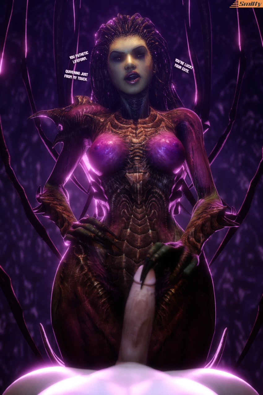 3d absurd_res alien areola blizzard_entertainment breasts claws digital_media_(artwork) duo exoskeleton female first_person_view genitals hi_res holding_penis human humanoid imminent_sex interspecies lips looking_at_viewer male male/female mammal nipples penis sarah_kerrigan smitty34 starcraft thick_thighs wide_hips wings zerg