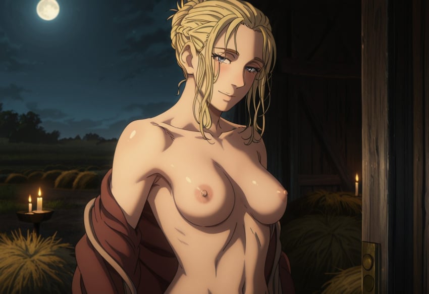 ai_generated areola areolae armpit armpits arnheid bare_shoulders blonde_female blonde_hair blonde_hair_female blue_eyes blush breasts breasts_out detailed_background dress farm farmgirl female female_focus female_only light-skinned_female looking_at_viewer moon naked naked_female nature nature_background night nipples nordic nordinex5 norse_woman nude nude_female outdoors pale-skinned_female petite_body petite_female shy solo solo_female solo_focus stable_diffusion taking_clothes_off toned toned_female undressing viking_female vinland_saga