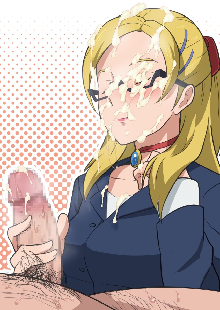 baker_(gundam_bf) blonde_hair blush breasts censored closed_eyes cum cum_on_clothes cum_on_glasses cum_on_hair facial female glasses gundam gundam_build_fighters hairclip handjob highres long_hair lying medium_breasts penis pubic_hair simple_background smile suit sweat