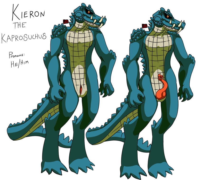 animal_genitalia animal_penis anthro cloaca crocodilian filthivore genitals hi_res kaprosuchus kieron_the_kaprosuchus male orange_penis penis prehistoric_species reptile scalie slit_play