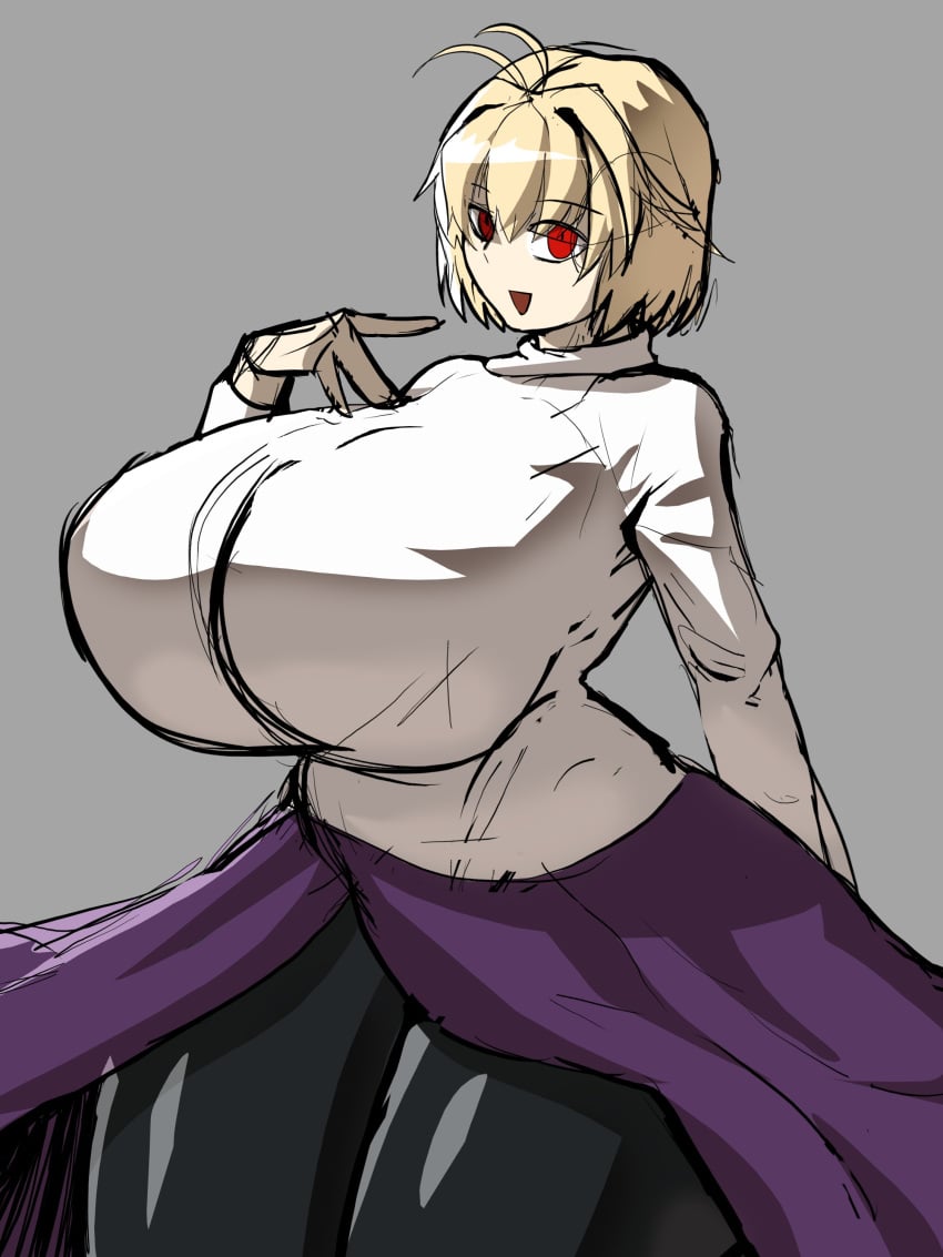 :d ahoge arcueid_brunestud big_breasts blonde_hair breasts breasts breasts_bigger_than_head da_ra_ra_ra enormous_breasts huge_breasts large_breasts looking_at_viewer melty_blood pantyhose plump purple_skirt red_arcueid red_eyes short_hair skirt smile sweater thick thick_thighs thighs top_heavy tsukihime tsukihime_(remake) turtleneck_sweater white_sweater wide_hips