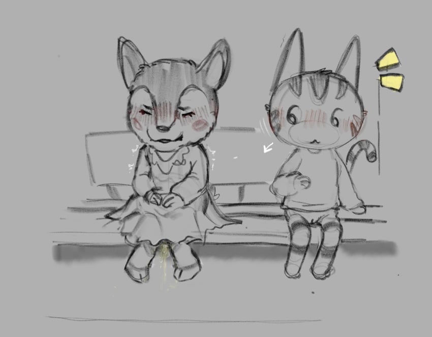 2025 animal_crossing anthro bench big_head biped blush blush_lines blush_stickers bodily_fluids bottomless casual_exposure chibi closed_eyes clothed clothing deer desperation digital_media_(artwork) directional_arrow domestic_cat dress duo emanata embarrassed fauna_(animal_crossing) felid feline felis female fully_clothed fur genital_fluids genitals grimace hands_on_lap hi_res high-angle_view hooves humanoid_genitalia humanoid_pussy leaning lolly_(animal_crossing) looking_at_another mammal markings nintendo on_model paws peeing public pussy raised_arm scut_tail shaking shocked short_tail sitting spot_color steam striped_body striped_fur striped_markings striped_tail stripes sweater tail tail_markings topwear truemew urine watersports wetting