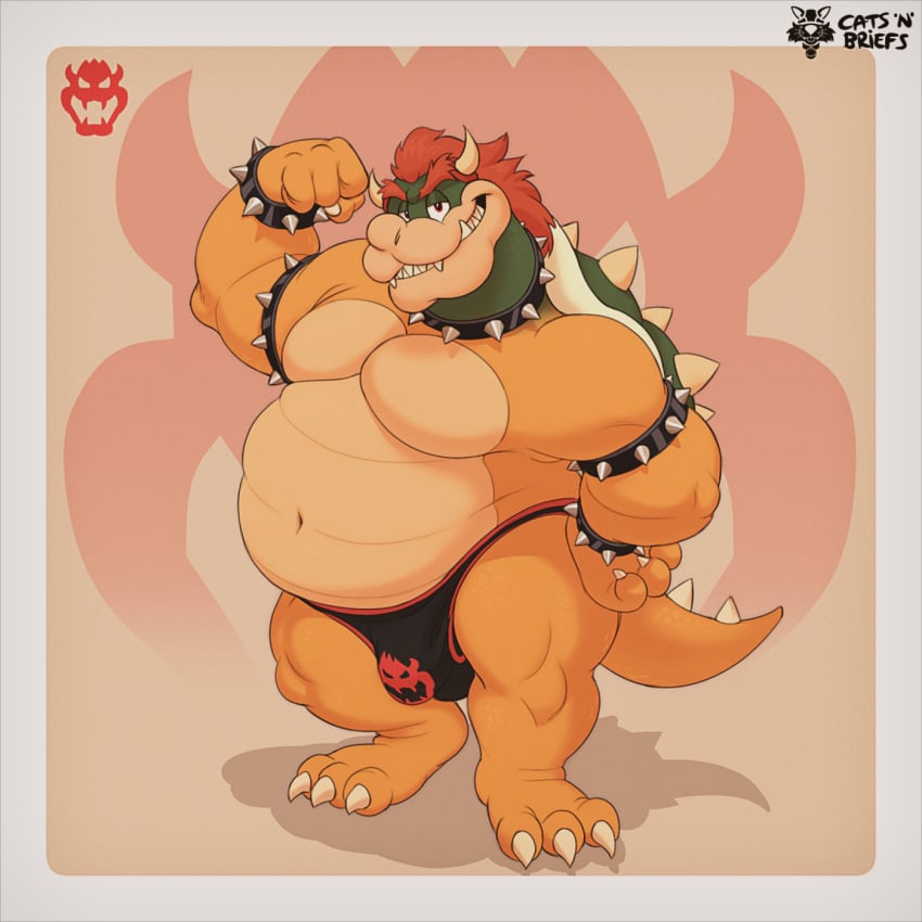 1:1 1boy anthro belly biceps bowser bowser_logo briefs bulge catsnbriefs cedamuc1 clothing eyebrows fat fat_belly flexing grin hair hi_res horn koopa looking_at_viewer male male_only mario_(series) nintendo obese obese_male oiruse overweight overweight_male red_hair reptile scalie shell smile smug solo solo_male spiked_shell spikes spikes_(anatomy) thick_eyebrows underwear