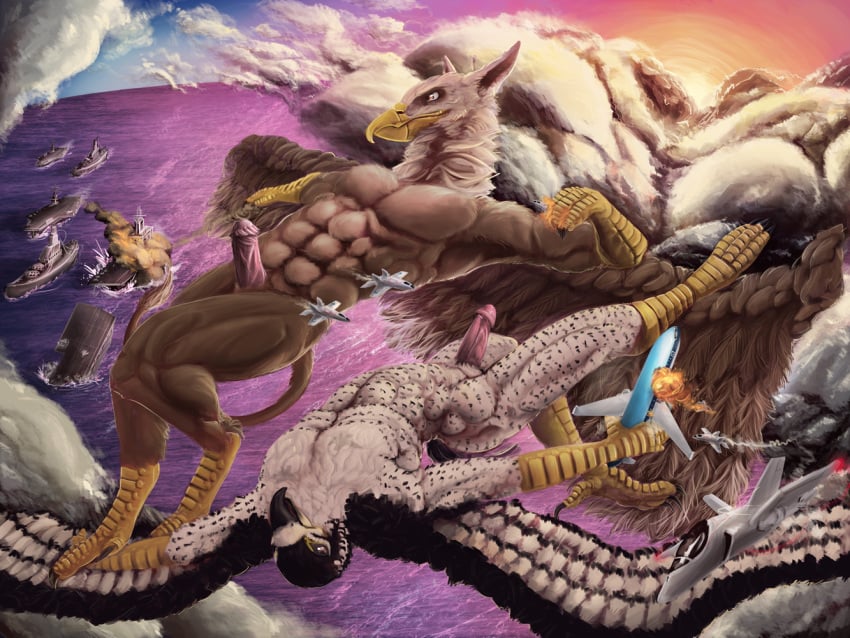 4_toes 5_fingers abs aircraft aircraft_carrier airplane anthro avian balls battleship beak biceps bird carpo city claws corvidius_(character) crush crushed_vehicle destruction duo erection explosion extreme_size_difference falcon falconid feathered_wings feathers feet finger_claws fingers flying genitals gryphon humanoid_genitalia humanoid_penis jet macro macro_anthro macro_male male male_only military muscular muscular_anthro muscular_male mythological_avian mythological_creature mythology nude ohohflamethrower outside pawpads paws pecs penile penis pyronite(commissioner) rampage sea ship size_difference smile spread_wings tail toe_claws toes vehicle vehicle_destruction vein veiny_penis warship water watercraft wings