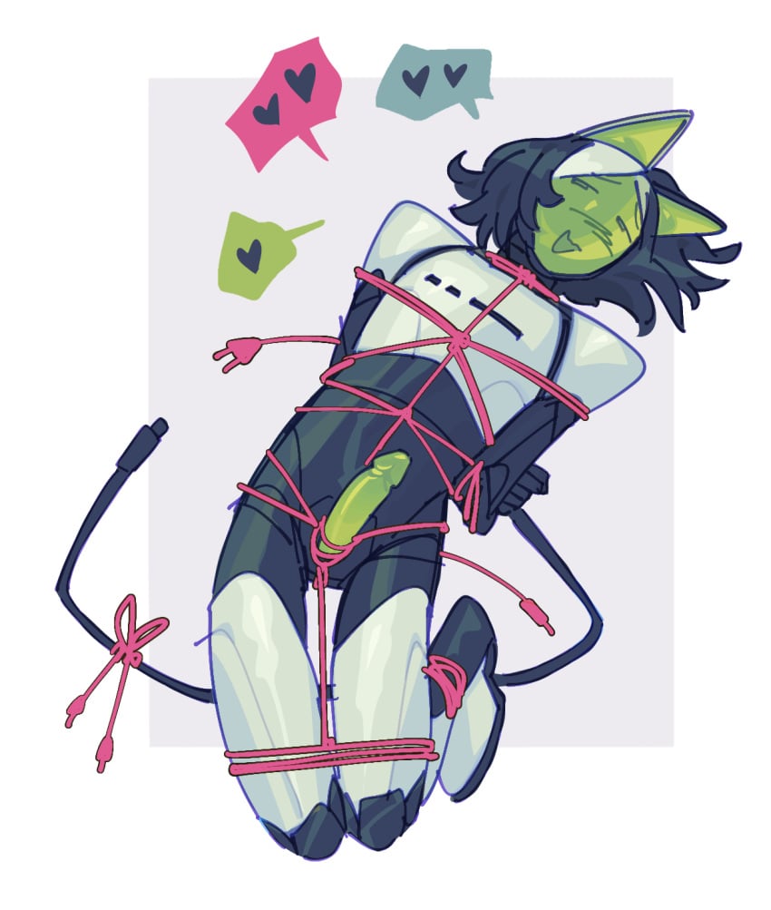 animal_humanoid blush blush_lines bondage bondage bound cable_harness cable_tail cat_humanoid erection felid felid_humanoid feline feline_humanoid genitals geometric_background green_face green_inner_ear green_penis hair heart_symbol hi_res humanoid izviiini kotya_(izviiini) looking_at_viewer lying machine male mammal mammal_humanoid on_back penis restraints robot robot_humanoid rope rope_bondage rope_harness screen screen_face simple_background smile solo speech_bubble trans_(lore) trans_woman_(lore)