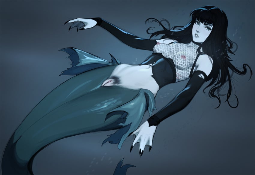 bare_shoulders black_hair black_nails black_pubic_hair blue_eyes breasts collarbone commentary corset detached_sleeves english_commentary female female_pubic_hair fingernails fishnet_top fishnets goth_fashion grey_lips hair_spread_out highres long_fingernails long_hair long_sleeves looking_at_viewer medium_breasts mermaid monster_girl navel nipples original parted_lips pubic_hair pussy sharp_fingernails solo tarakanovich uncensored webbed_hands