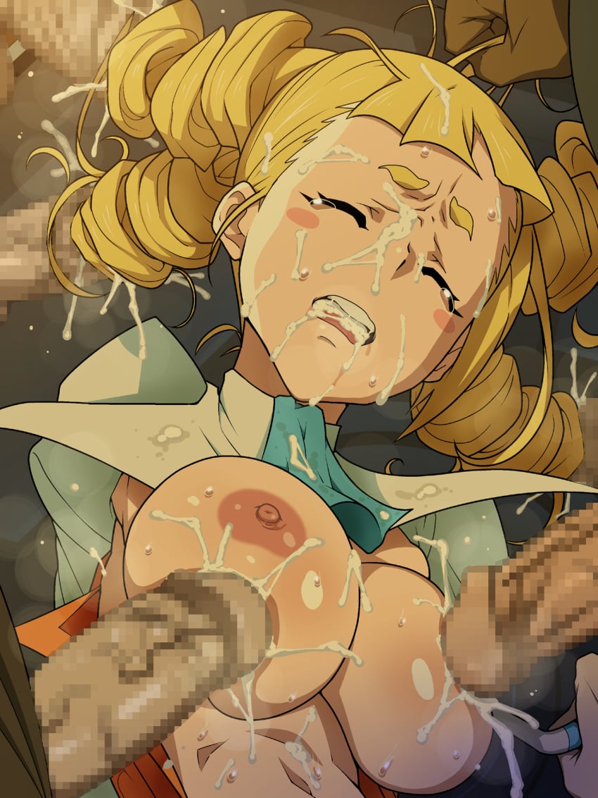 1girls areolae blonde_hair blush breasts breasts_out censored closed_eyes cum cum_in_mouth cum_on_clothes cum_on_hair drill_hair facial female gangbang gundam gundam_build_fighters hairjob highres ice_place large_breasts long_hair nipples open_clothes open_mouth penis source_request tears yajima_caroline