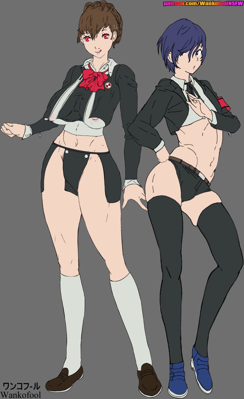 1boy 1girl 2025 2d alternative_universe armband armwear artist_name atlus big_ass big_breasts blue_hair bulge character_sheet clothing concept_art female female_protagonist_(persona_3) femboy femboy_focus feminine_male feminization flat_colors gay hotpants human impossible_clothes kotone_shiomi makoto_yuki male male_only megami_tensei pale_skin penis persona persona_3 persona_3_reload pubic_hair school_uniform showing_off sissy sketch smiling thick thick_thighs uniform wankofool