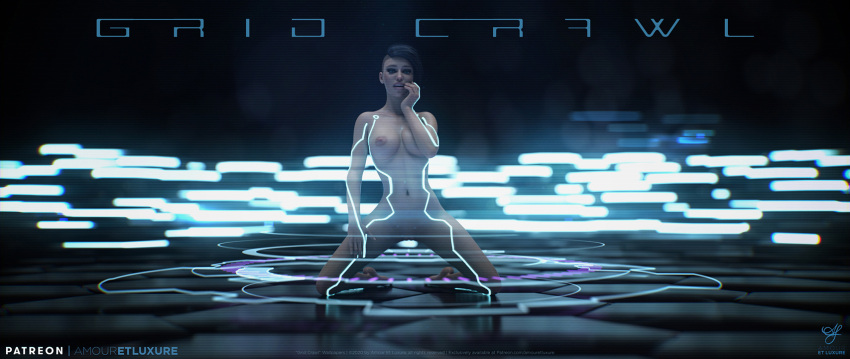 1girls 2020 3d amouretluxure artist_logo artist_name black_hair english_text female female_only front_view kneeling looking_at_viewer nude nude_female on_knees sci-fi science_fiction short_hair solo solo_female tagme tron tron_lines