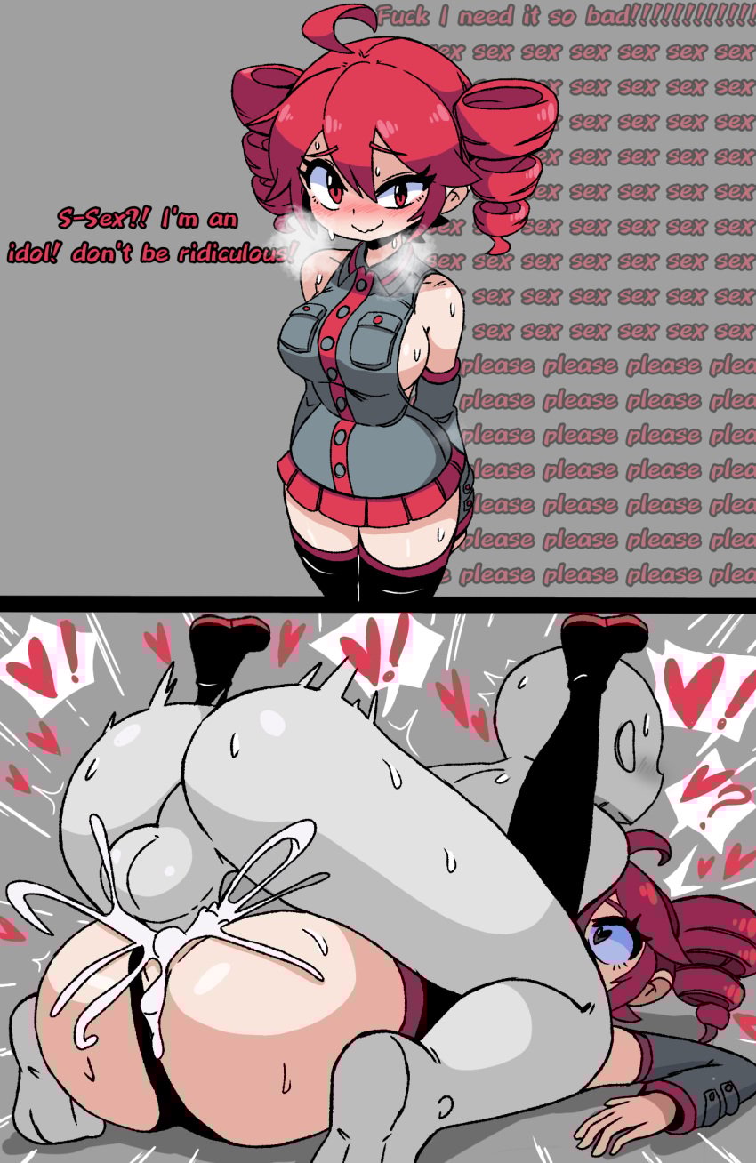 1boy 1girls 2d 2d_(artwork) absolute_territory ahoge anon anonymous_male aroused aroused_face ass balls_deep big_ass big_breasts bodily_fluids breasts cum cum_in_pussy cum_inside curvy curvy_female detached_sleeves english_text faceless_male female grey_background heart heart-shaped_pupils heart_eyes heart_symbol horny horny_female hourglass_figure huge_breasts instant_loss instant_loss_2koma internal_monologue kasane_teto large_ass large_breasts looking_at_viewer looking_pleasured loving_it male mating_press microskirt miniskirt panties panties_aside pussy red_eyes red_hair self_upload sex sideboob skirt slim_waist straight sweat sweating text thick_thighs thighhighs thoughts twin_drills unepicroachy utau vaginal_penetration vaginal_sex y/n