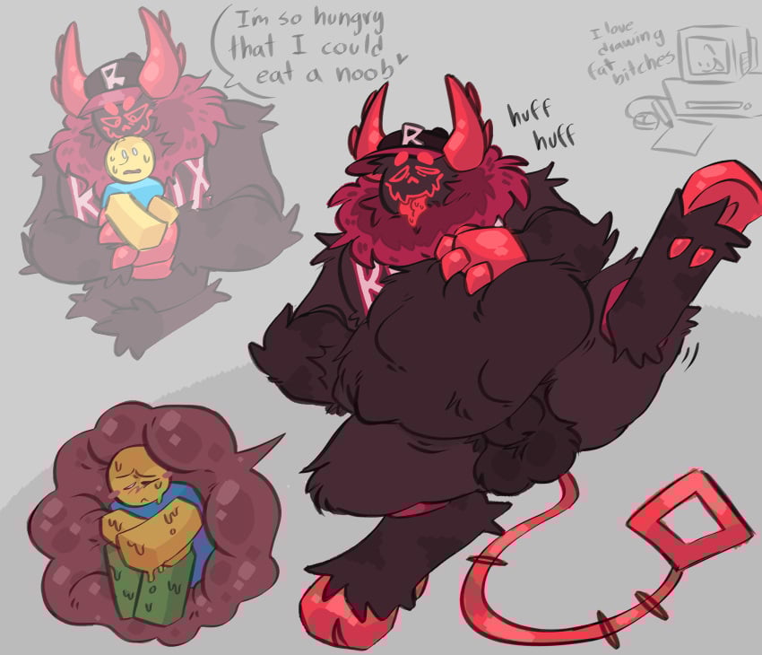 absurd_res anthro balls belly big_belly black_body black_fur blocky_body bulge claws clothing duo forsaken_(roblox) fur genitals guest_666 guest_666_(forsaken) hat headgear headwear hi_res hooves horn humanoid inside_stomach koi_567 male male/male neck_tuft noob_(roblox) red_hooves red_horn red_tail roblox robloxian size_difference tail text text_on_chest tongue tongue_out tuft vore