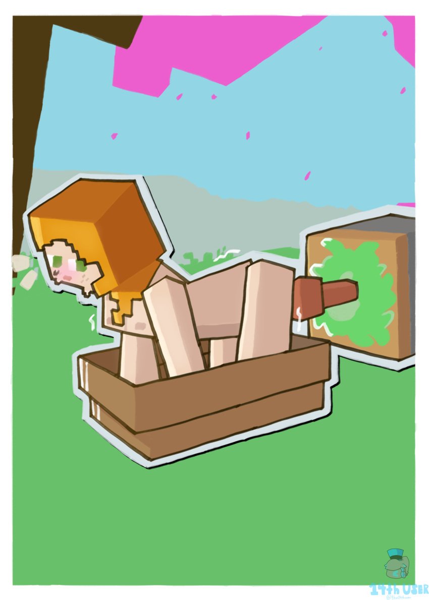 1girls alex_(minecraft) all_fours boat breasts cube cubic_body day female female_only ginger_hair green_eyes lightning_rod minecraft no_clothes orange_hair piston_(minecraft) sex_toy shaking simple_background slime square_body surprised sweat the14thuser tree