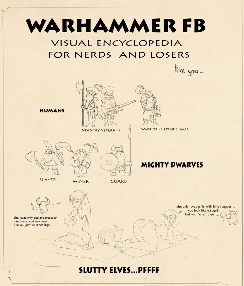 2girls ass beastman beastman_(warhammer) big_ass big_breasts black_and_white breasts dwarf dwarf_(warhammer) elf elf_ears english_text female leotard monochrome sketch slayer_(warhammer) text voluptuous warhammer_(franchise) warhammer_fantasy wariza