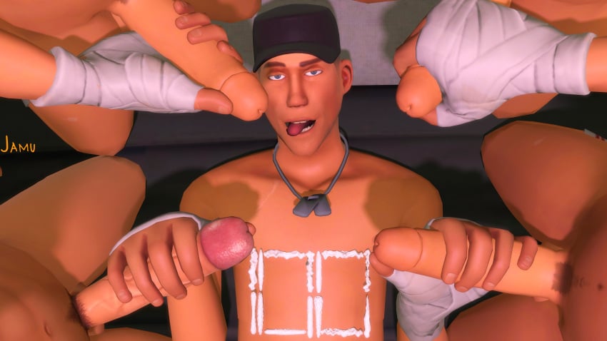 5boys cum cum_on_body excited handjob huge_cock jamukan scout scout_(team_fortress_2) scoutcest team_fortress_2 tongue_out
