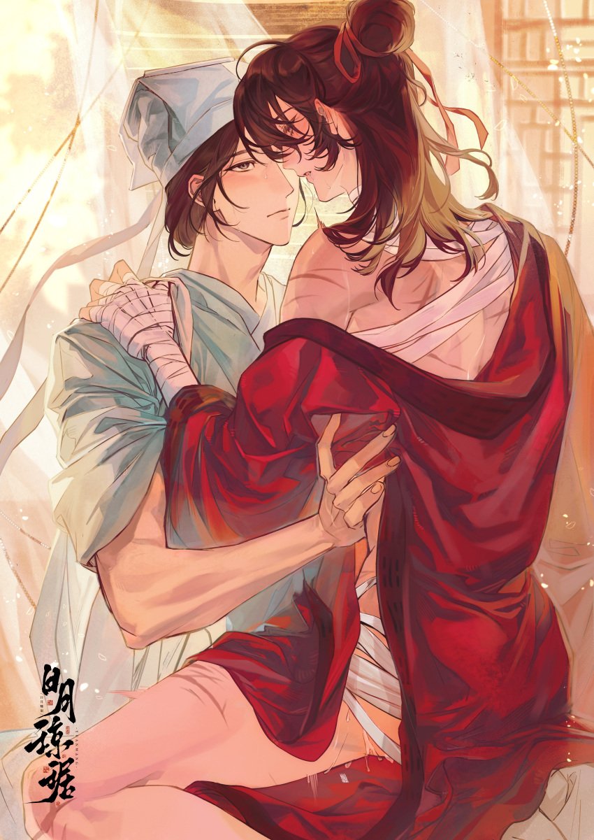 2boys absurdres anal artist_request back bandaged_arm bandaged_hand bandaged_neck bandaged_torso bandages bare_shoulders black_hair blush brown_hair chinese_clothes chinese_commentary clothes_lift commission convenient_censoring cum cumdrip curtains dao_gui_yi_xian eye_contact grey_eyes hair_bun hair_ribbon half_updo hand_on_another's_shoulder hand_on_another's_waist hanfu hat hat_ribbon highres implied_sex indoors jin_(headwear) lattice li_huowang lifting_another's_clothes long_hair long_sleeves looking_at_another male male_focus medium_hair multiple_boys off_shoulder parted_lips red_eyes red_ribbon red_robe ribbon robe saliva scar scar_on_arm scar_on_back scar_on_leg second-party_source sex single_hair_bun sitting sitting_on_person straddling sweat upright_straddle white_hanfu white_hat white_ribbon window yaoi zhouzi_jin_(headwear) zhuge_yuan