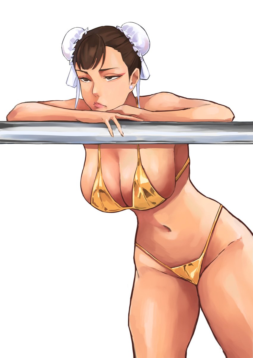 big_breasts bikini breasts capcom chun-li female gold_bikini lightsosis pole street_fighter