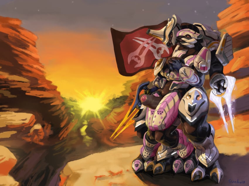 absurd_res alien anthro armor duo energy_sword female flag foreskin full-length_portrait genitals halo_(series) hi_res landscape male male/female melee_weapon microsoft penis portrait sangheili sunhuiz sunset sword weapon xbox_game_studios