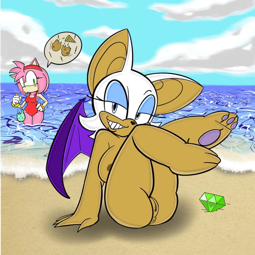 1:1 3_toes accessory amy_rose anthro anus ass bat beach big_breasts blush bracelet breasts brown_body brown_nipples brown_skin chaos_emerald clothing dessert duo eulipotyphlan eyeshadow feet female food fur gem genitals gloves green_eyes grin hair_accessory hairband hand_on_hip handwear hedgehog hi_res hindpaw ice_cream jewelry legs_up makeup mammal nipples nonecorpse nude nude_female partially_submerged paws pussy rouge_the_bat sea sega sitting sky skyscape smile sonic_(series) sonic_the_hedgehog_(series) speech_bubble swimwear toes water white_body white_fur wings