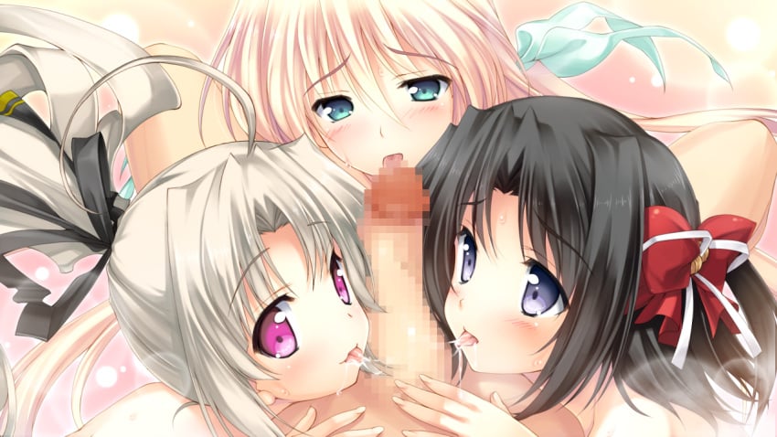 black_hair blonde_hair censored ermalit_de_blanchefort fellatio game_cg hair kamishiro_honoka love_2_quad naruse_hirofumi oral penis toudou_chitose