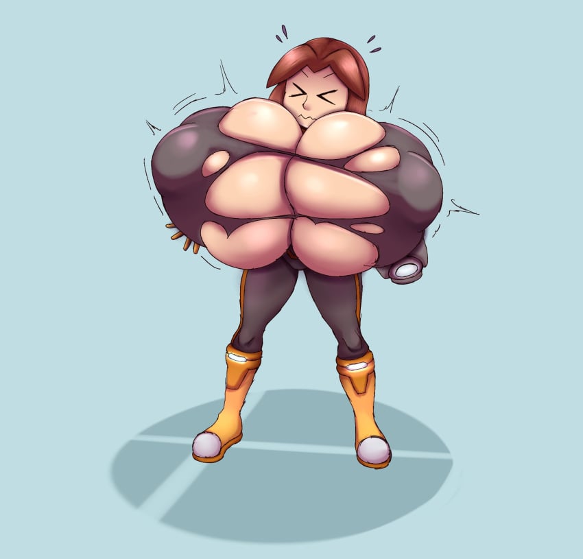 1girls about_to_burst alternate_costume arm_cannon belt black_suit blue_background boots breast_expansion breast_focus breasts breasts_bigger_than_head brown_hair closed_eyes color colored female female_only fully_clothed gloves image_set jacket large_breasts light-skinned_female light_skin metachoke mii mii_gunner mii_gunner_(smash_4) mob_face motion_lines nintendo nipple_bulge orange_boots orange_jacket ripping_clothing shaded simple_background skindentation smash_logo solid_color_background squiggle_mouth super_smash_bros. super_smash_bros._for_nintendo_3ds_and_wii_u tight_clothing