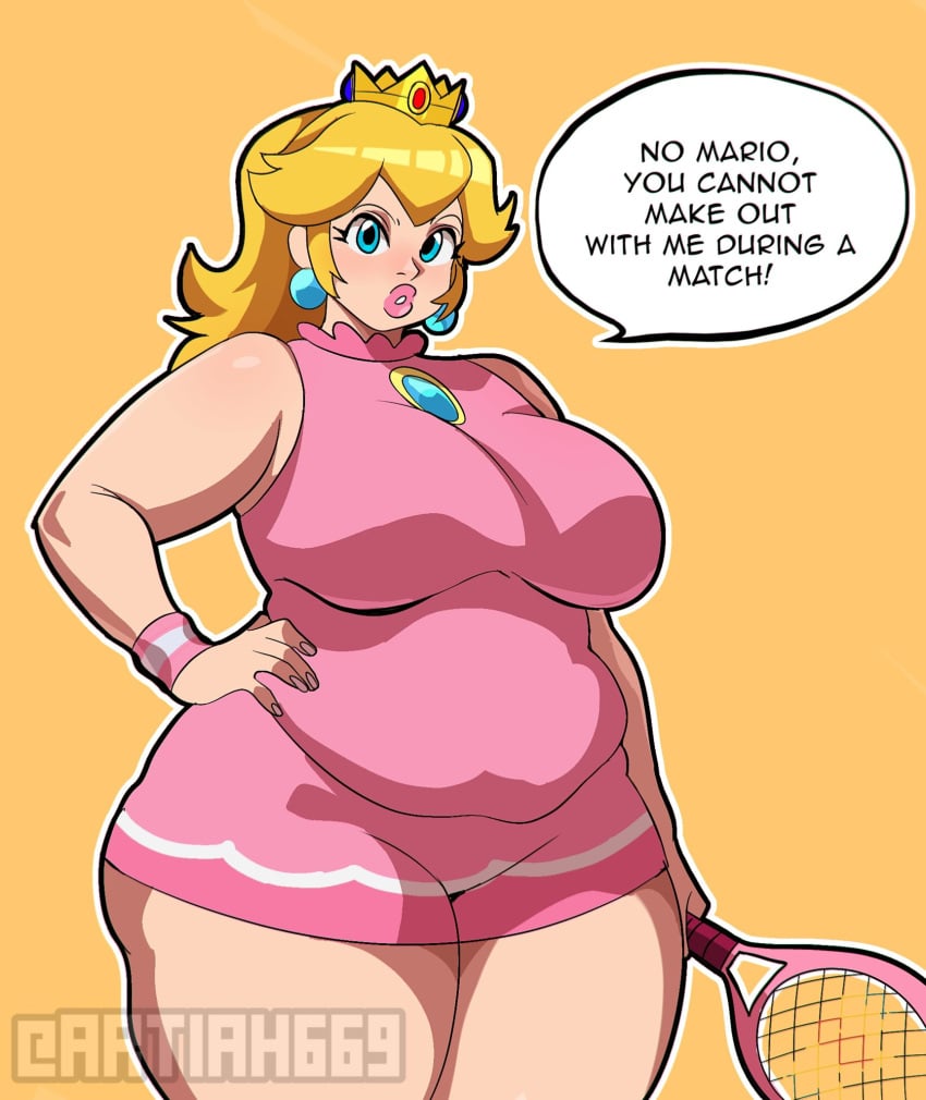 1girls artiah669 artist_name bbw big_breasts big_lips blonde_hair blue_eyes crown dress earrings eyelashes fat female hand_on_hip large_breasts lips long_hair mario_(series) mario_tennis nintendo overweight overweight_female pink_dress ponytail princess princess_peach tennis_racket tennis_uniform thick_thighs weight_gain wide_hips