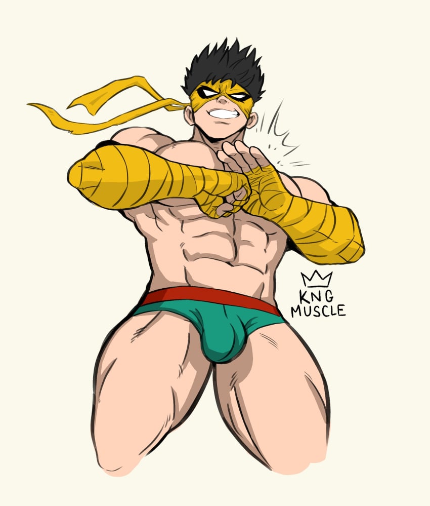 1boy 2025 abs absurd_res arm_wraps big_muscles black_hair blue_underwear bulge eye_mask grin hi_res human iron_fist iron_fist_(marvel_rivals) kngmuscle lin_lie male male_only marvel marvel_comics marvel_rivals mask masked masked_male muscular muscular_human muscular_male pecs simple_background smile solo tan_background teeth topless underwear