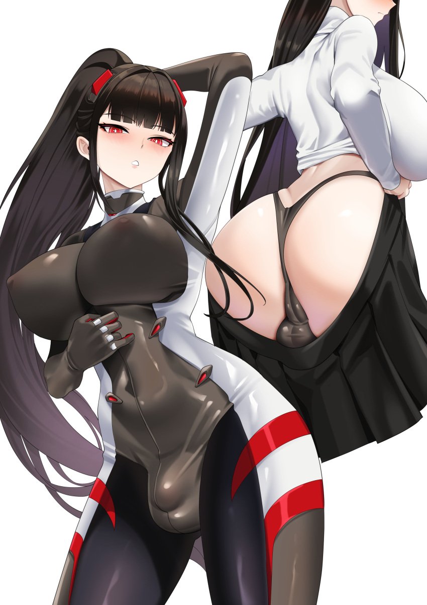 1futa balls big_ass big_breasts blue_archive bodysuit breasts clothed clothing flaccid fully_clothed futa_only futanari human intersex light-skinned_futa light-skinned_futanari light_skin mostly_clothed panties penis red_eyes rio_(blue_archive) skirt solo standing wujack